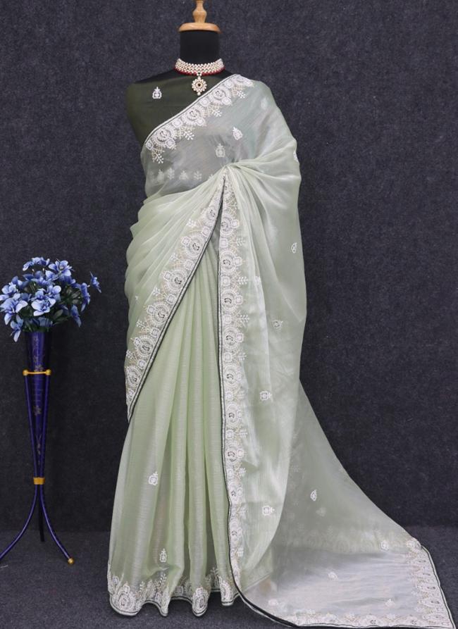 Burberry Silk Mint Green Wedding Wear Embroidery Work Saree